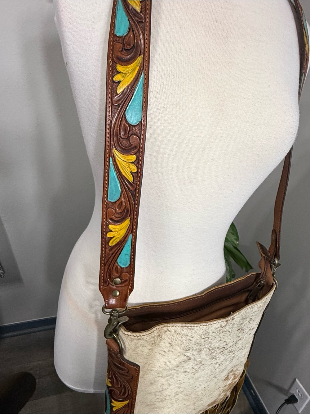 American Darling Cowhide Leather Fringe Crossbody Bag Turquoise Tooled Purse - Picture 2 of 11